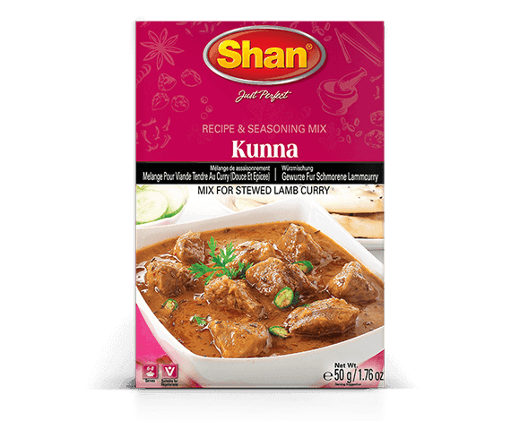 Shan Kunna recipe and seasoning mix box for stewed lamb curry, 50g packet
