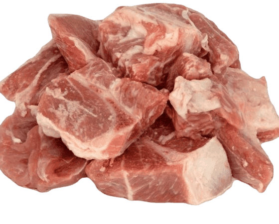 Raw lamb shoulder meat pieces with marbling and fat on white background