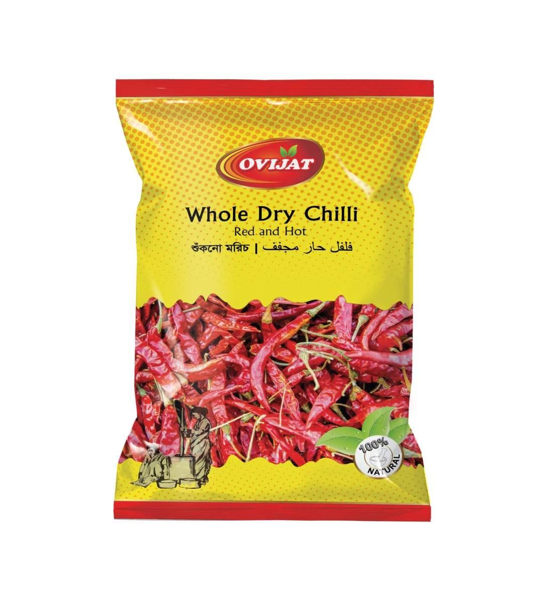 Ovrijat Whole Dry Chilli red and hot in yellow and red packaging with 100% natural label