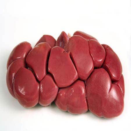 fresh raw ox kidney with smooth, shiny surface on a white background