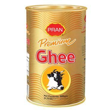 PRAN Premium Ghee 900gm tin with golden packaging and cow illustration