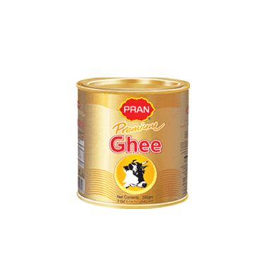 Tin of PRAN Premium Ghee with cow logo and gold-yellow label on white background