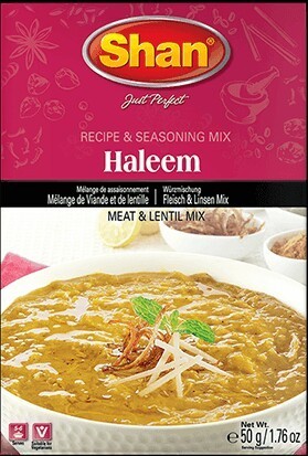 Shan Haleem Recipe & Seasoning Mix packet with a bowl of meat and lentil haleem garnished with fried onions and ginger strips