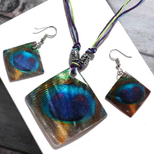 Peacock feather square pendant necklace and matching earrings with colorful cord and silver hooks