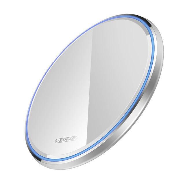 Round wireless fast charger with silver frame and blue LED light ring on white background