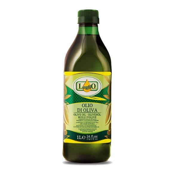 1-liter green glass bottle of Lugio brand olive oil with yellow and green label