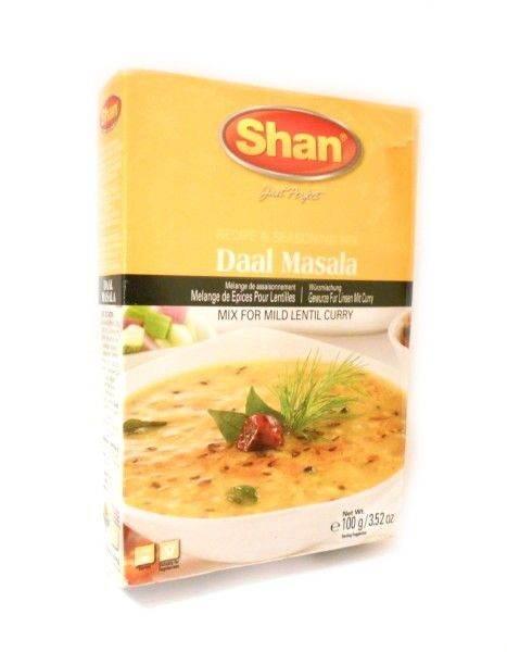 Shan Daal Masala mix box for mild lentil curry with image of cooked dal garnished with chili and herbs