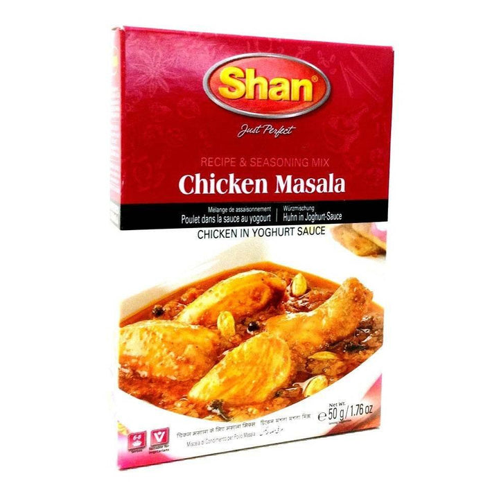 Shan Chicken Masala recipe and seasoning mix box with image of chicken in yogurt sauce