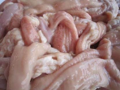 Close-up of raw pork intestines with visible fat and textures in a pile