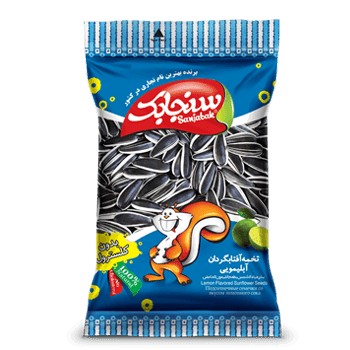 Sanjabak lemon flavored sunflower seeds bag with cartoon squirrel holding seeds on blue packaging